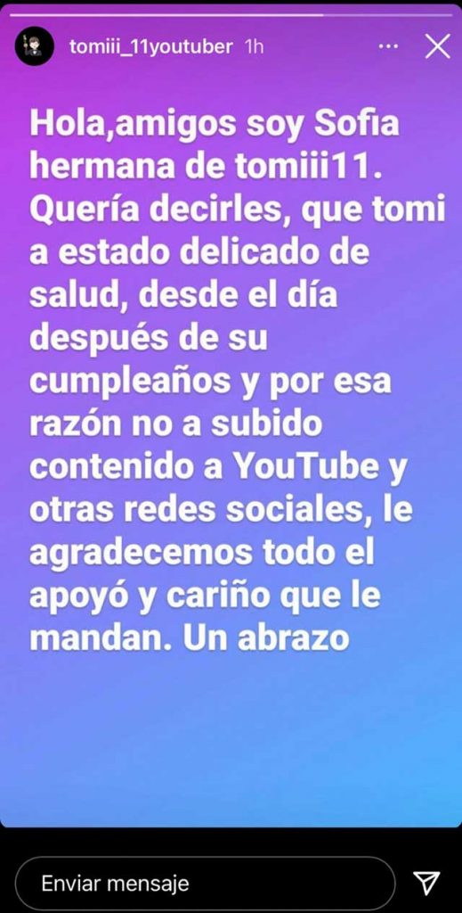Tomiii, el pequeño que pidió que lo siguieran en YouTube, se encuentra delicado de salud