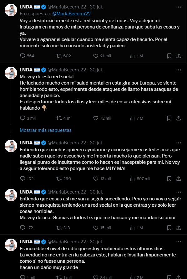 María Becerra se despide de las redes sociales: "Me causan ansiedad y pánico".